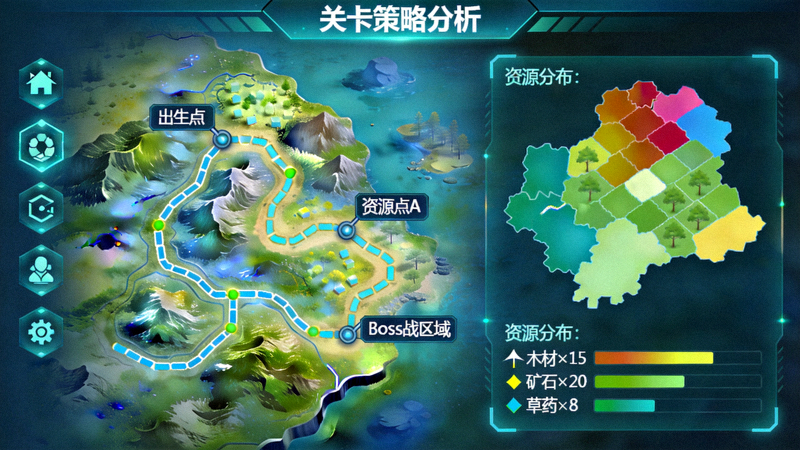 游戏策略分析界面，展示关卡地图与资源分布示意图